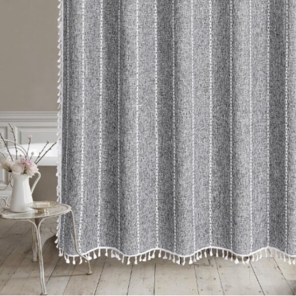 Dark Gray Linen Boho Shower Curtain with White Tassels Embroidered 72.5 x 73 NEW - Picture 4 of 15